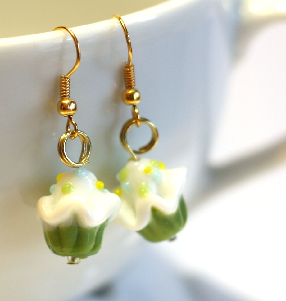 Green Cupcake earrings with Sprinkles Lampwork Bead Earring