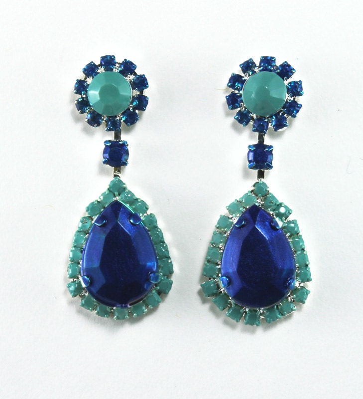 Painted Rhinestone Earrings in Turquoise and Cobalt Blue