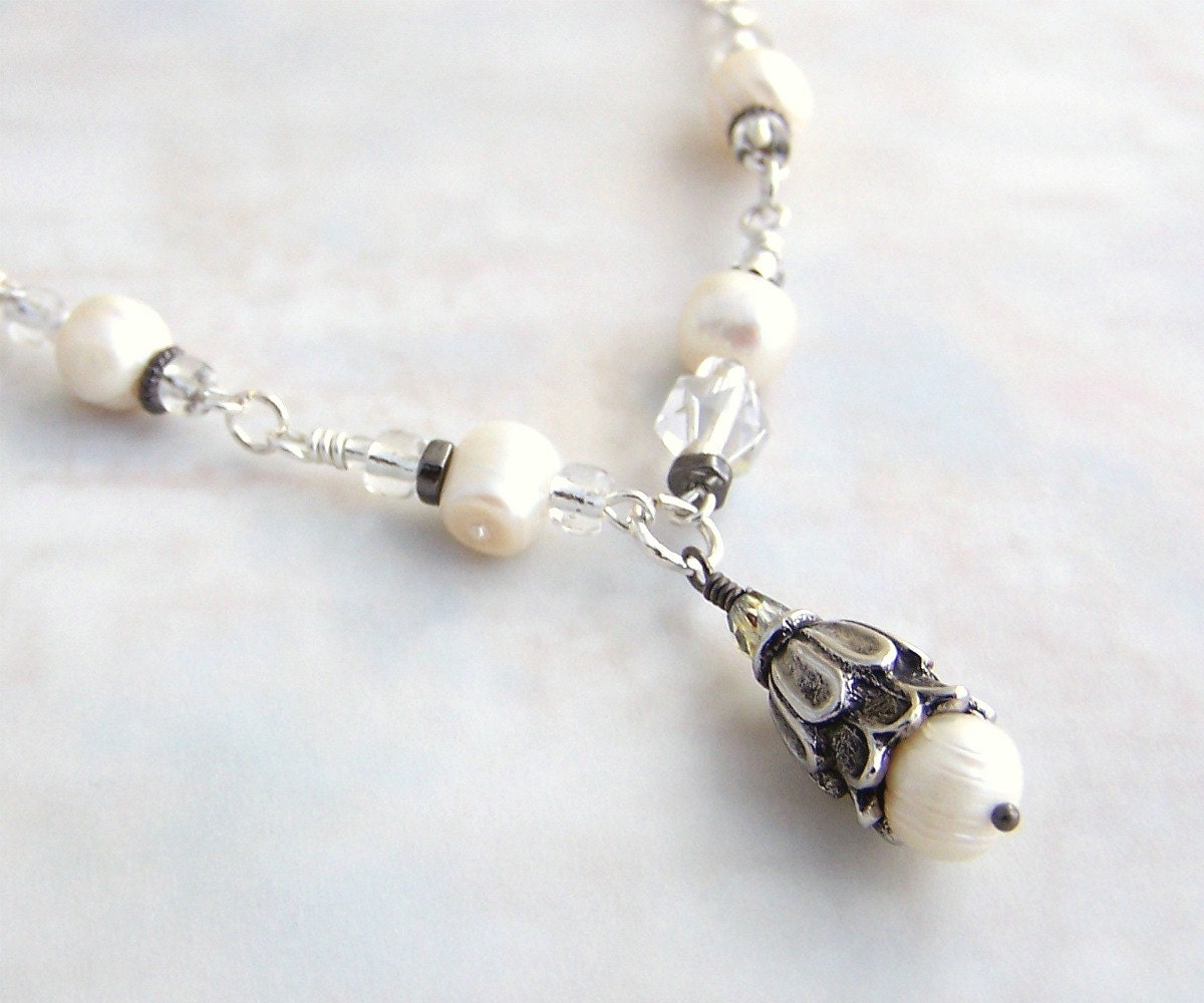 White Pearl Necklace with wire wrapped Pearls, Crystals, Stones & Gunmetal - asymmetrical wedding necklace