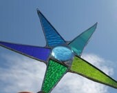 Peacock Star - 8 inch stained glass star in lime green, aqua, turquoise, grass green, royal blue