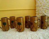 Set of Six Stoneware Mugs Made in Japan Stylized Tulips