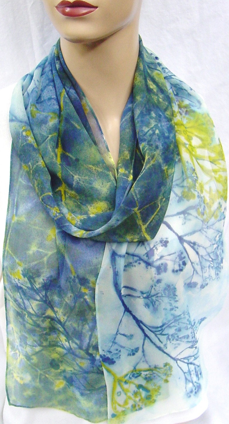 extra long silk chiffon scarf Navy Chartreuse Weeds - morgansilk