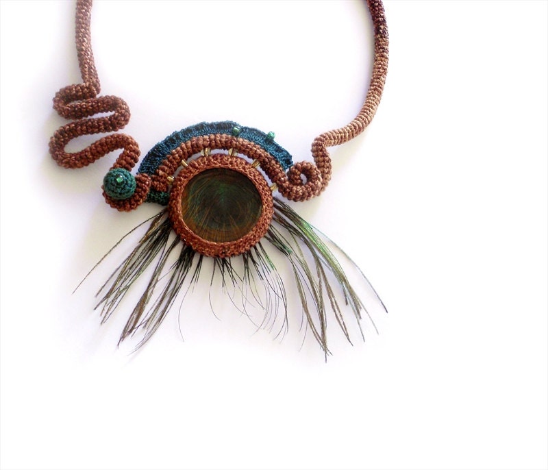 Exotic Necklace, Natural Peacock Feather Eye, Crochet Fashion