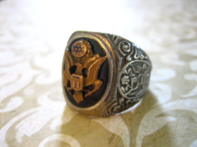 Vintage Sterling Silver Onyx Eagle Shield Insignia Army Ring