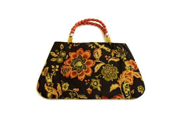 Black Coral and Olive Green Floral Print Purse Handbag