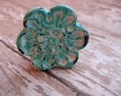 Set of 2 Shabby Chic Rustic Distressed White and Custom Blue Vintage Floral Knobs Dressers Rustic Cottage Look
