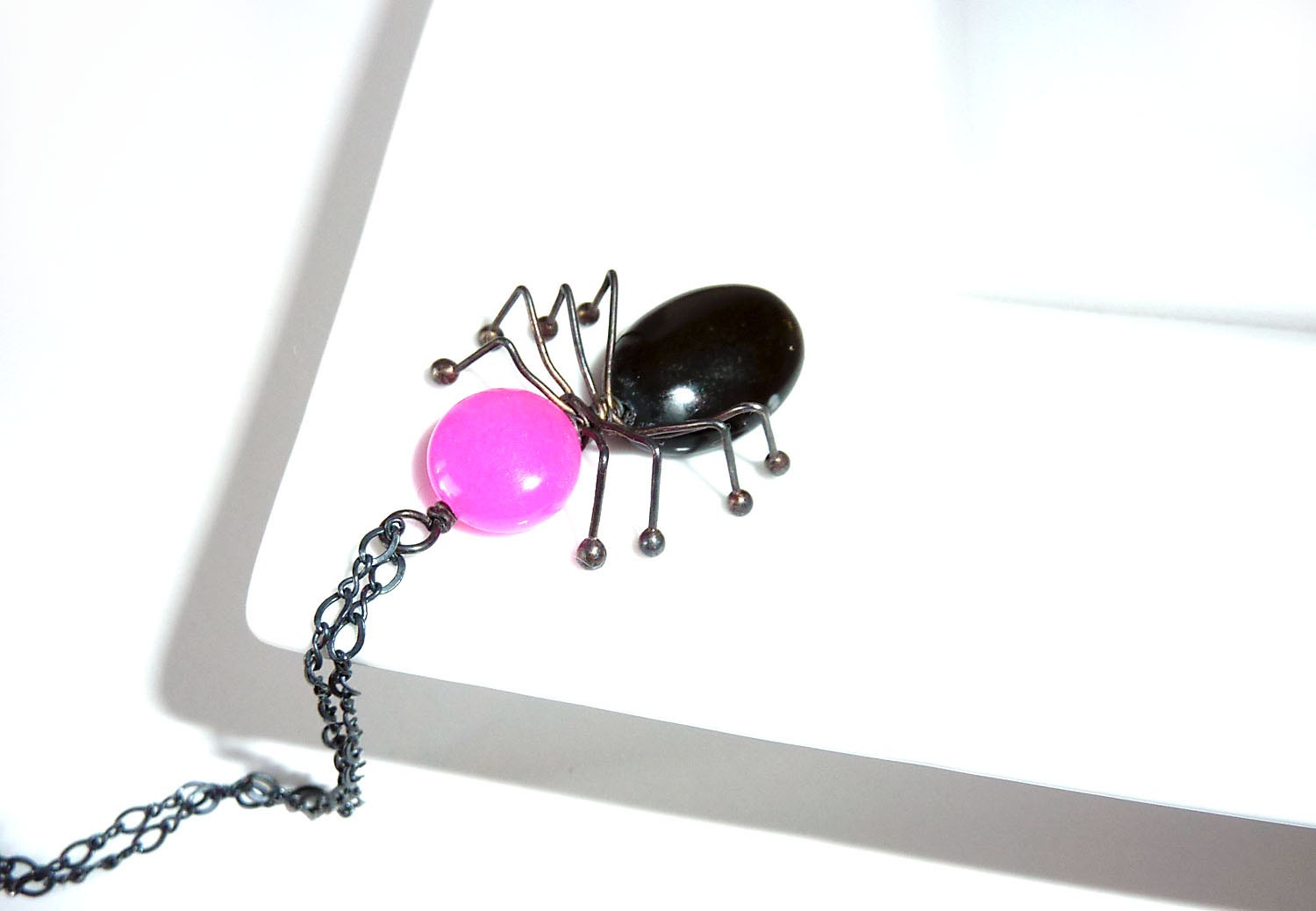 Spider Necklace - Hot Pink Jade and Black Stone Oxidized Sterling Silver -  Spider Jewelry -  Tagt Team