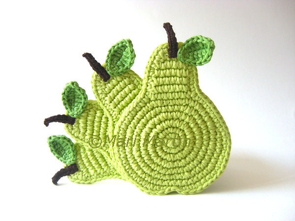 Crochet Coasters Green Light Pear . Beverage Drink Pastel Peridot Lime Leaves Vegan Decor Crochet Fruit Collection - Set of 4