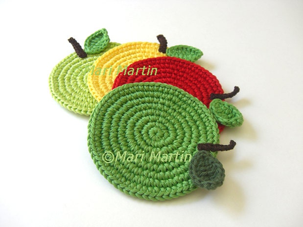 Apple Crochet Coasters Mix Green Red Yellow . Gifts for Teachers Drink Leaves Healthy Vegan Decor Crochet Fruit Collection - Made to order