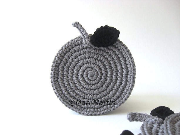 Grey Apple Crochet Coasters . Azabache Elegant Silver Ash Drink Beverage Steam Coffee Tea Smoke Decor Crochet Fruit Collection - Set of 4