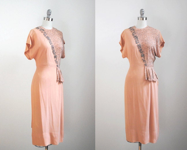 1930's beaded dress. 30's pink dress. orange & silver gown 1930. m. rayon dress 30.