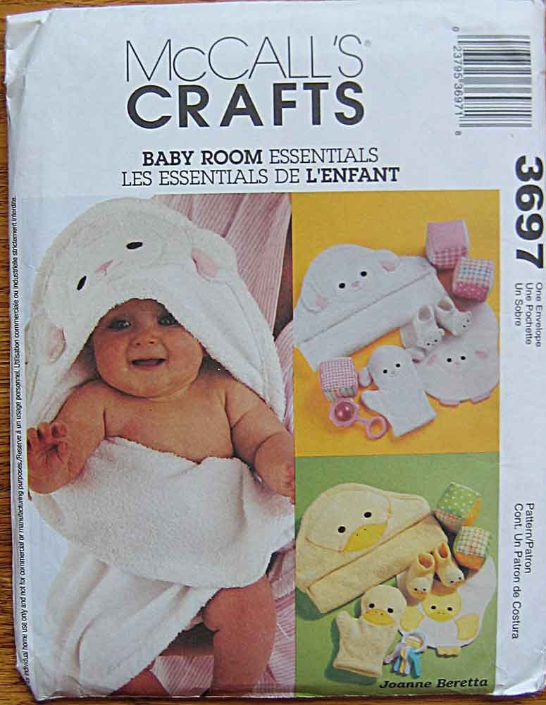 Infant's, Babies' Lamb and Duck Hooded Towels, Wash Mitt, Bibs, Booties, Play Blocks, McCall's 3697 Sewing Pattern UNCUT