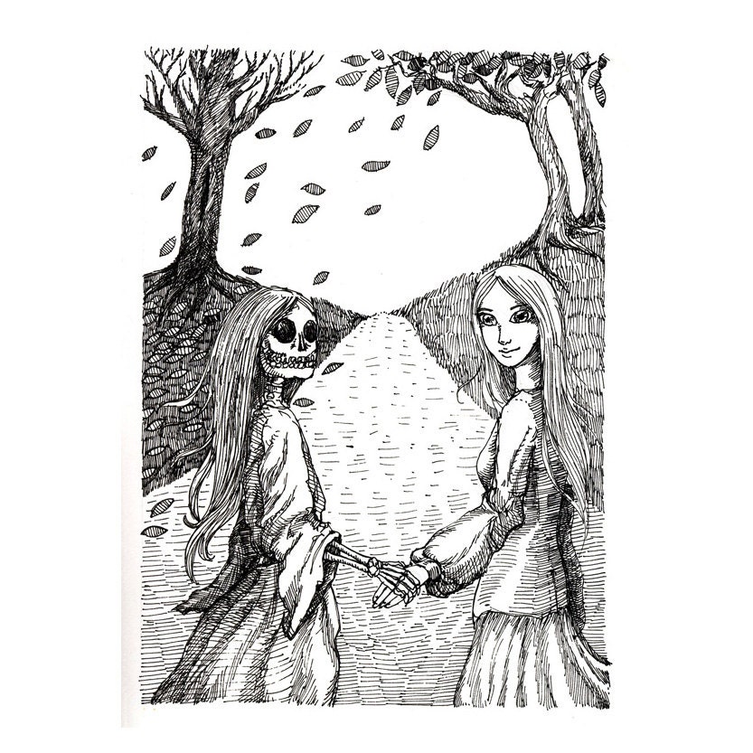 Halloween - Skeleton Girl is My Best Friend - Original Drawing