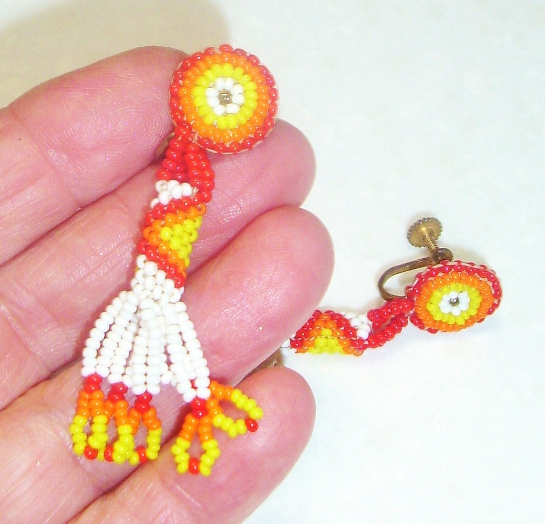 Native American Handbeaded Vintage Orange Red & White Fashion Earrings