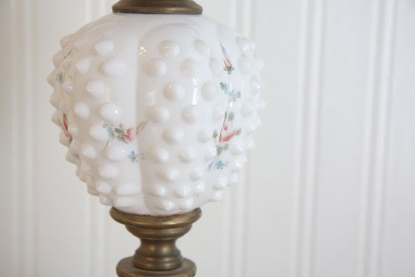 Hobnail Lamp, Vintage Milk Glass, brass base skeleton key turn pastel flowers, White, Cottage Chic, Victorian home decor