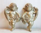 Pair Vintage Angel  Cherubs wall hanging plaster or chalkware 1950s gold chippy shabby chic, Hollywood Regency, Art Deco Decor