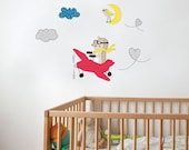 Kids Wall Decal Hedgehog Decal Aviator Decal Pilot Sticker Airplane clouds sky wall decal bird sticker