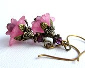Pink Flower Earrings. Purple Swarovski Crystals and Antique Brass. Beaded Jewelry. Lucite Flower Jewelry