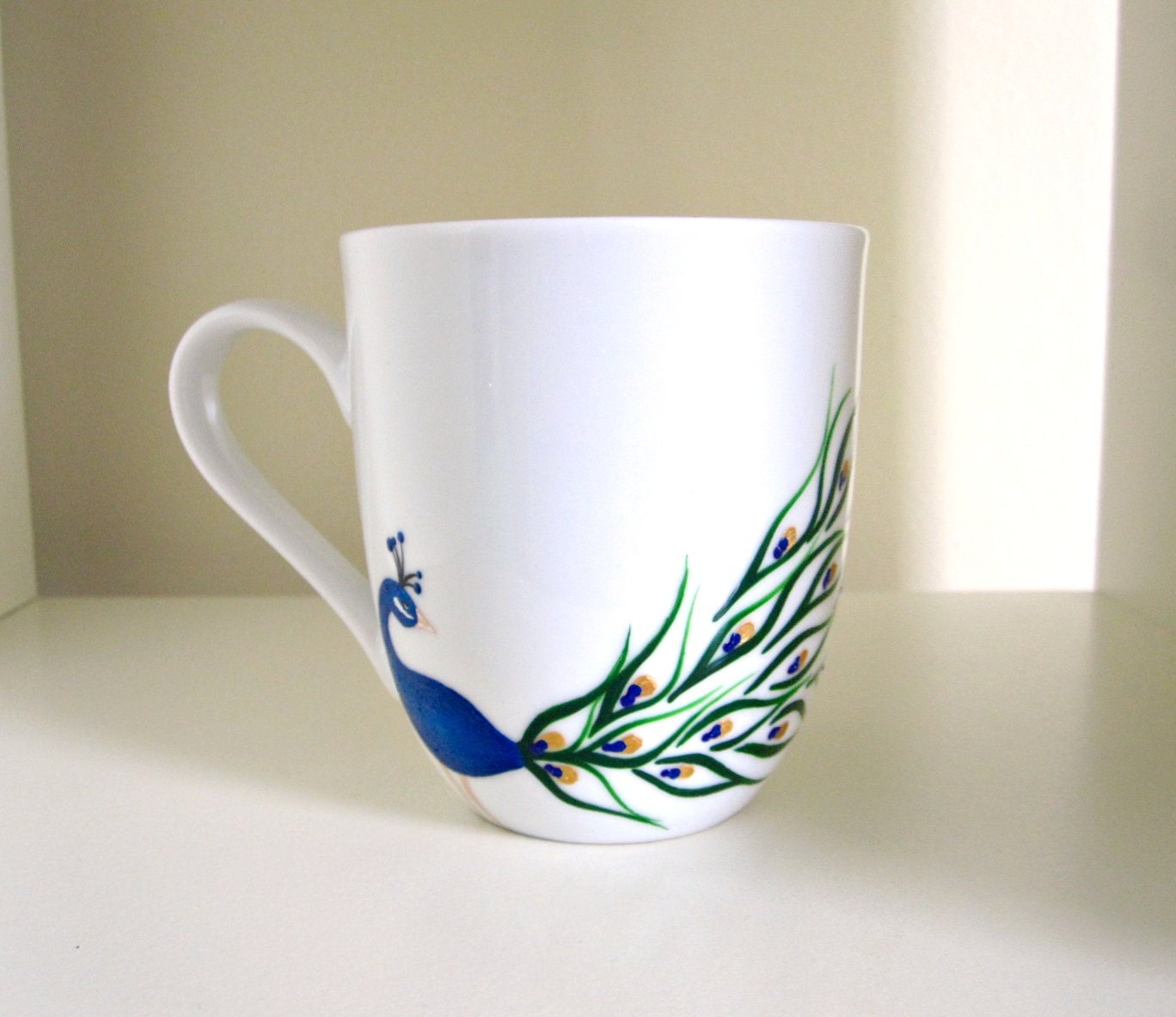 Peacock Coffee Cup- Hand Painted Porcelain Mug