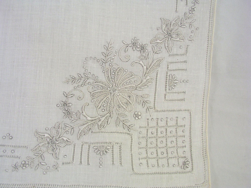 Antique Madeira or Swiss Appenzell Wedding Hankie Handkerchief Embroidered - Free USA Shipping