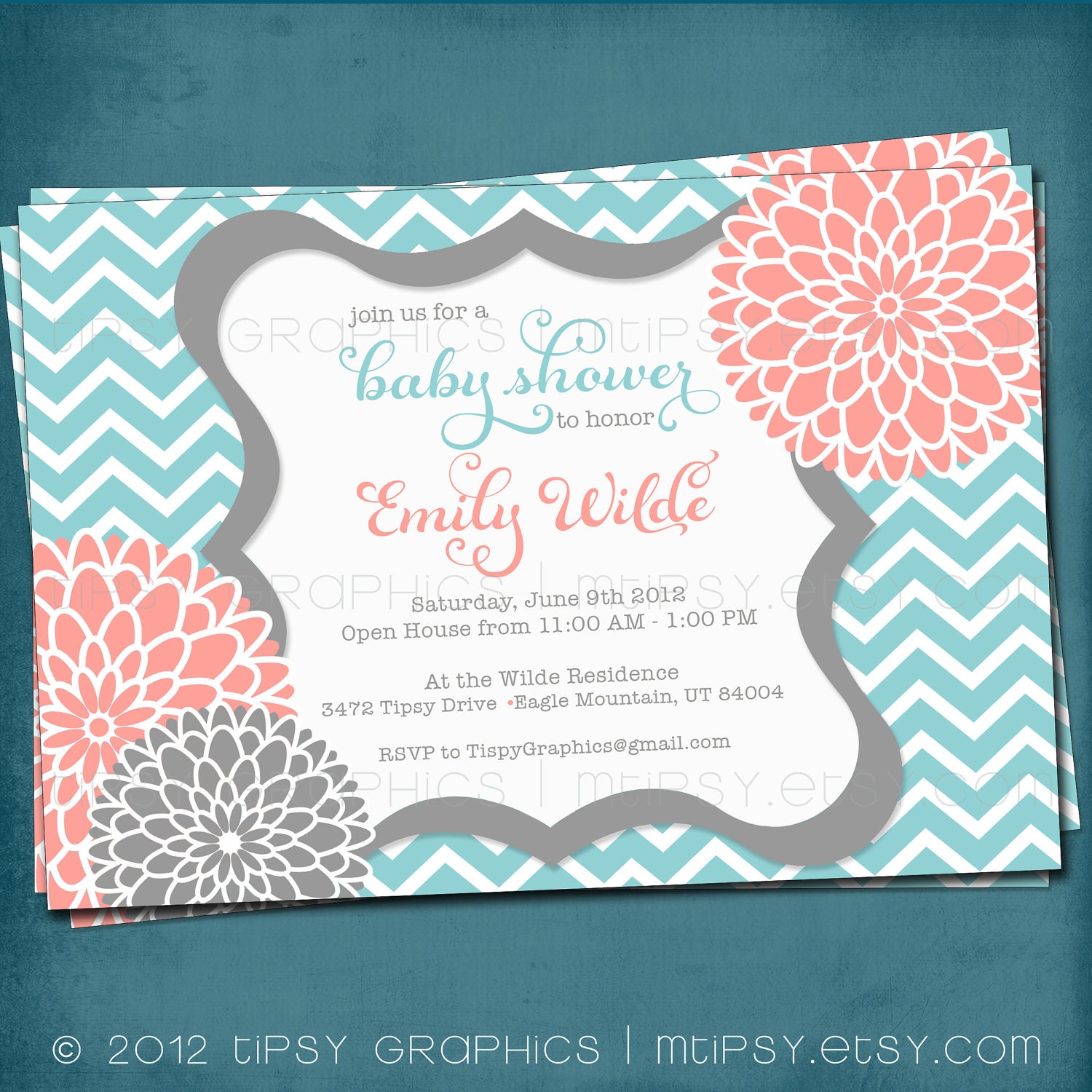 Spa Pom Pom. Chevron Mums Baby / Bridal Shower Invite by Tipsy Graphics. Any colors and text. Il_570xn