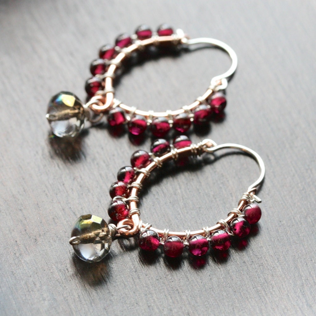 Handmade garnet earrings, wire wrapped hoops, magenta, copper, sterling silver, mixed metal, garnet jewelry