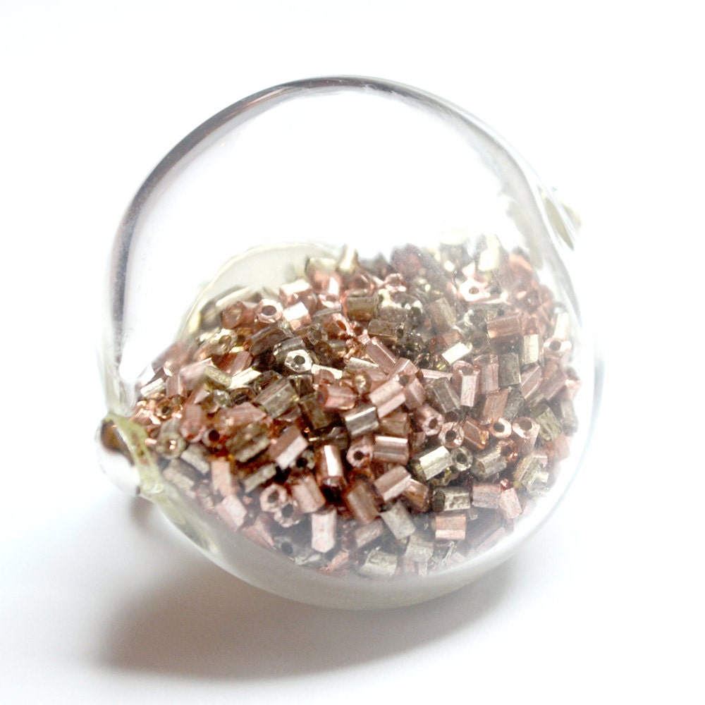 Copper Bronze mix bugle  beads in round blown glass silver tone Ring