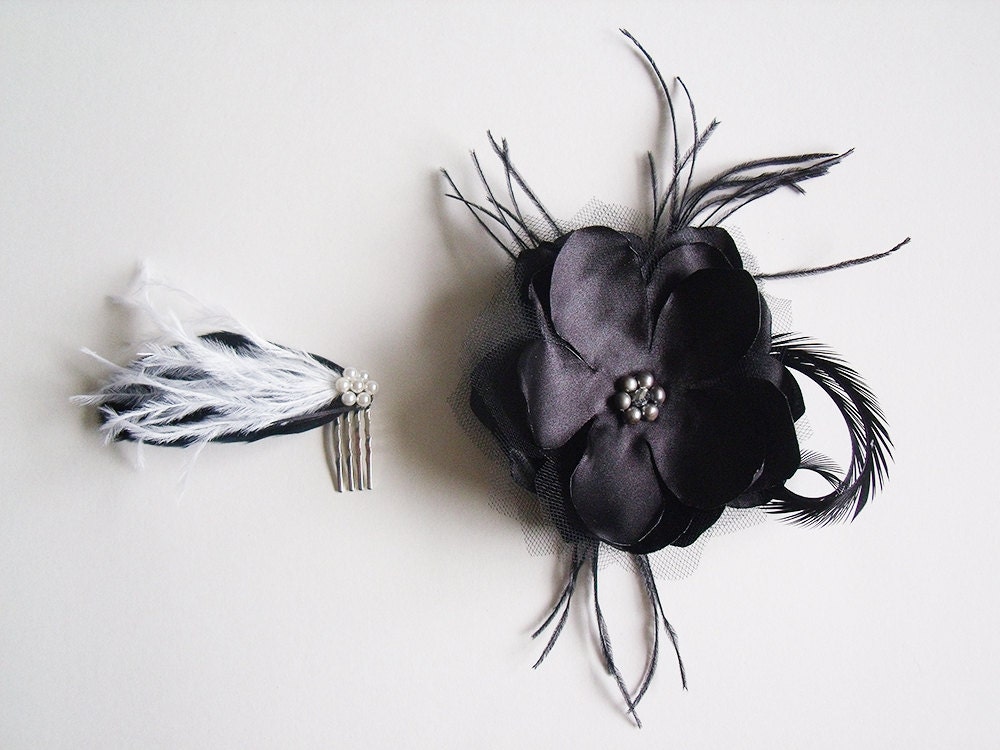 Black and White Bridal Party Hairpiece Set - Black Fabric Flower and Feather Hairclip Set
