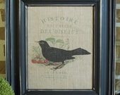 Burlap Print - Black Bird with French Writing - FREE SHIPPING