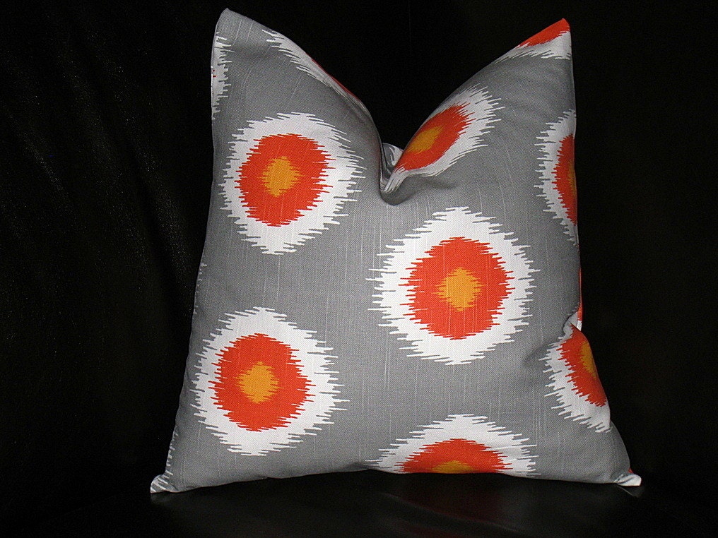 Orange Pillow ONE Decorator Throw Pillow COVER 18 inch Tangerine, Brown, Gray 18" Premier Prints Domino IKAT