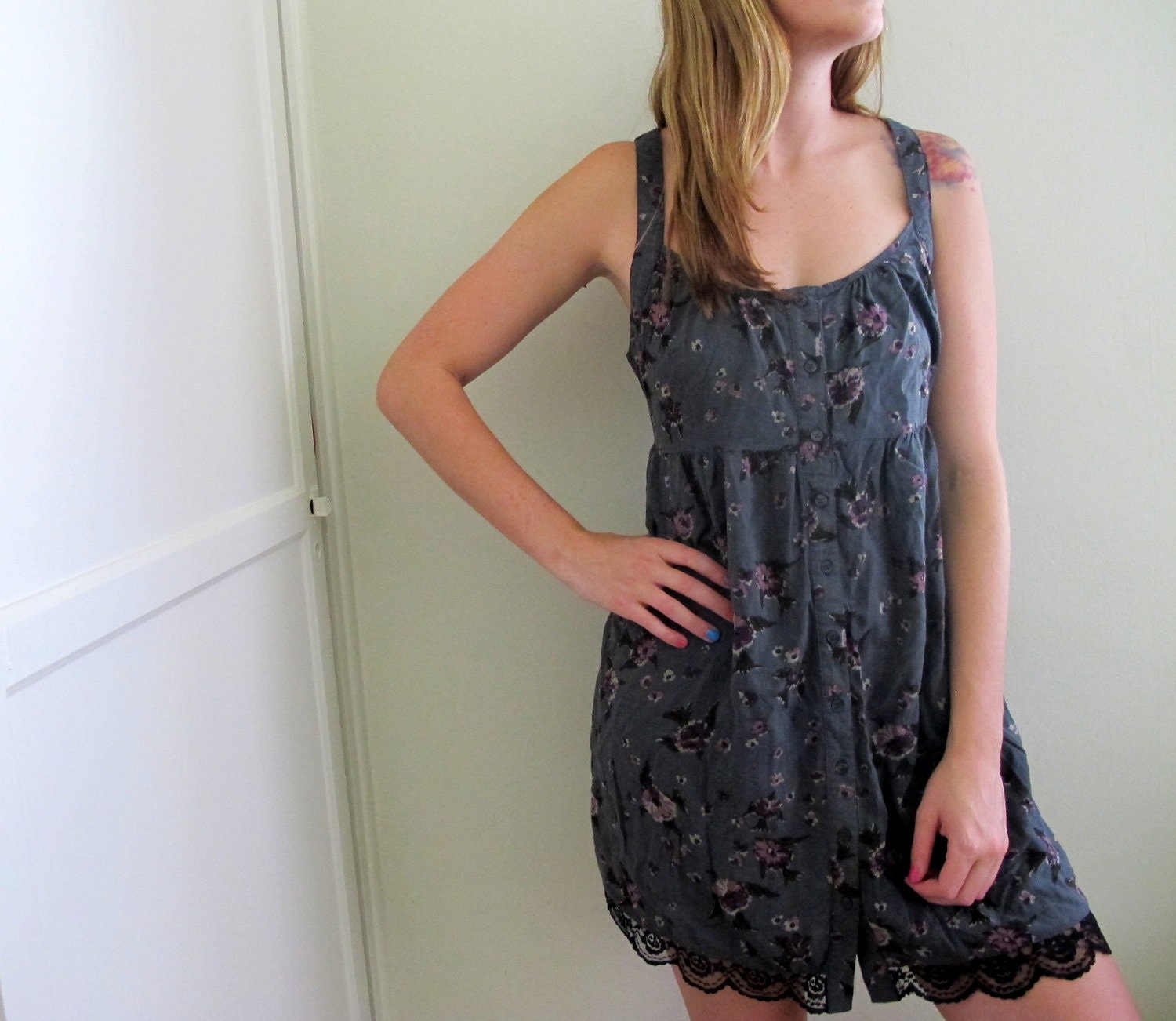 Vintage Grunge Style Dress Mini Floral Print Black Lace Trim Autumn Fall