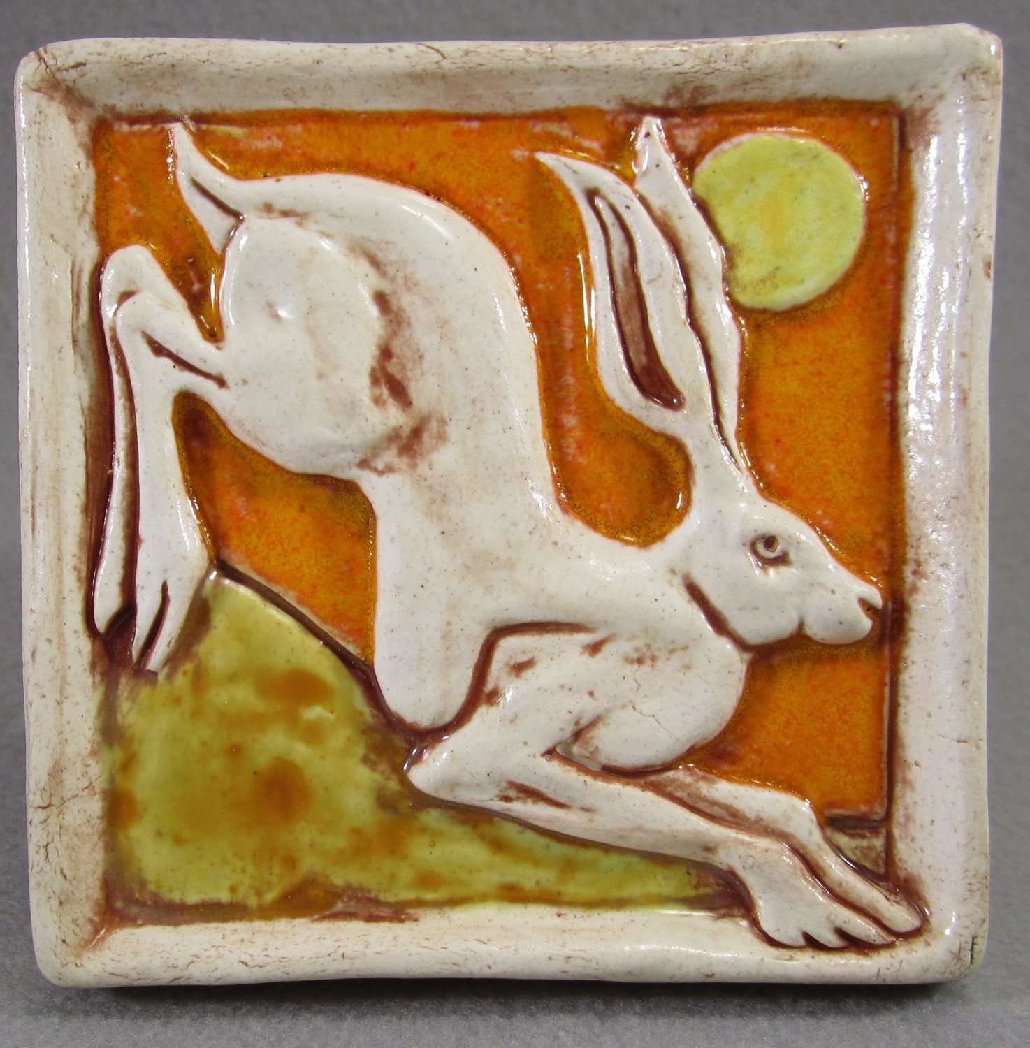 Leaping Hare Ceramic Art Tile - bright orange