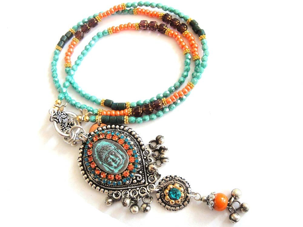 Bohemian hippie long beaded buddha necklace in turquoise and orange - ethnic kuchi pendant style - gypsy