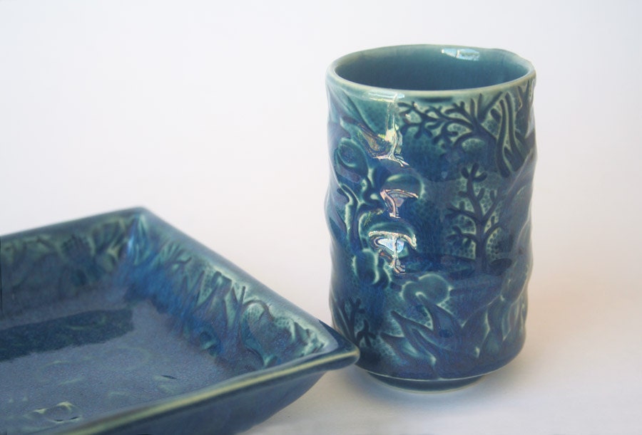 Blue square dish and small cup