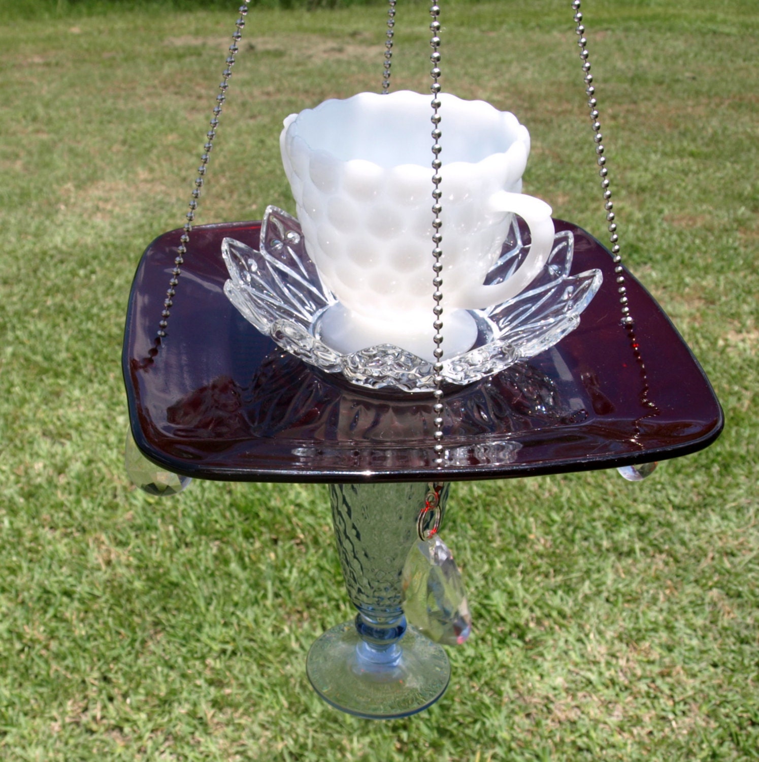 Glass Ruby Depression red white blue Vintage Cut Elegant Hanging Repurposed Bird Feeder