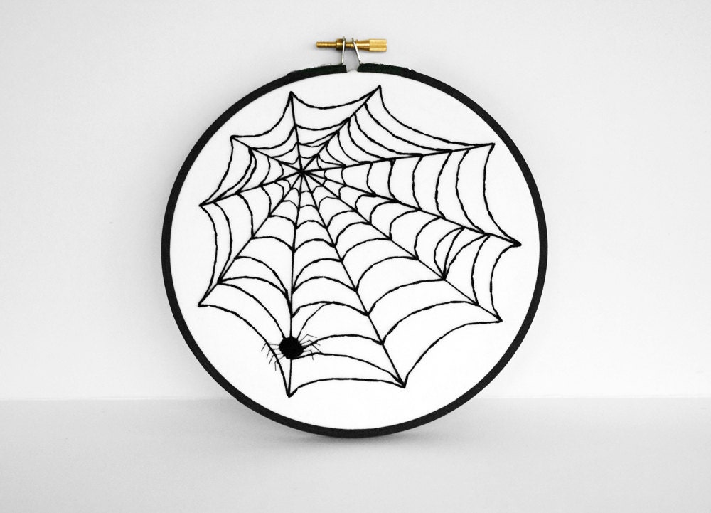 Halloween Art Spider Web Wall Hanging Decoration - 6 inch Embroidery Hoop Art in Black and White - sometimesiswirl