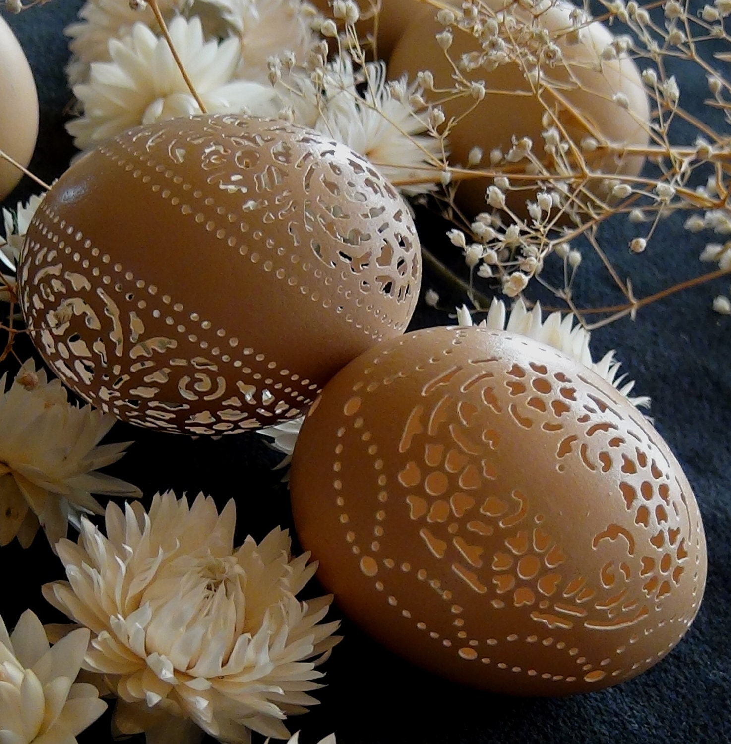 Two Hand Carved Victorian Lace Eggs by theNestatWindyCorner