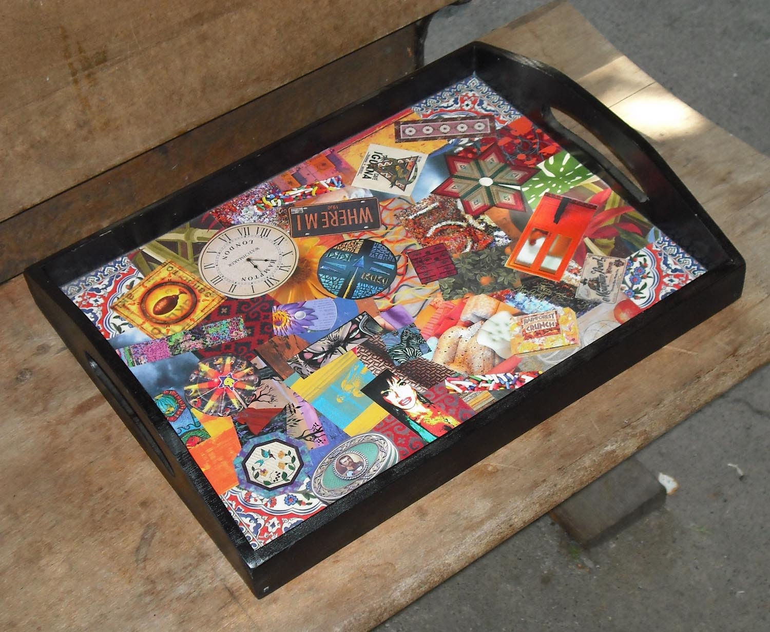Wood Tray Decoupage Home Decor Box 10 Vintage Cut Outs Art Magazines Serving Storage Altered Wood Paper Houseware Rustic Upcycled Container