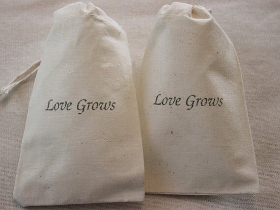 45 Muslin Favor Bags - Love Grows Drawstring Organic 3x5 gift bags Great for Weddings - You choose ink color Il_570xn