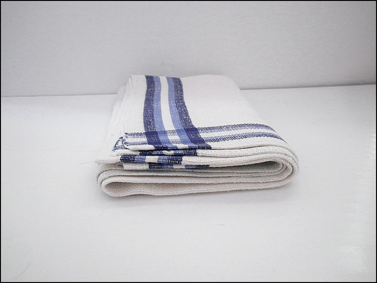 Vintage Linen Kitchen Towel Slub Texture Cotton Linen White Blue Stripe