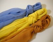 3 Long Vintage Scarves Cornflower Blue, Camel Brown & Canary Yellow