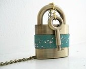 Key Necklace - Vintage Lock - Upcycled and Hand Painted - Seafoam Green with Glitter