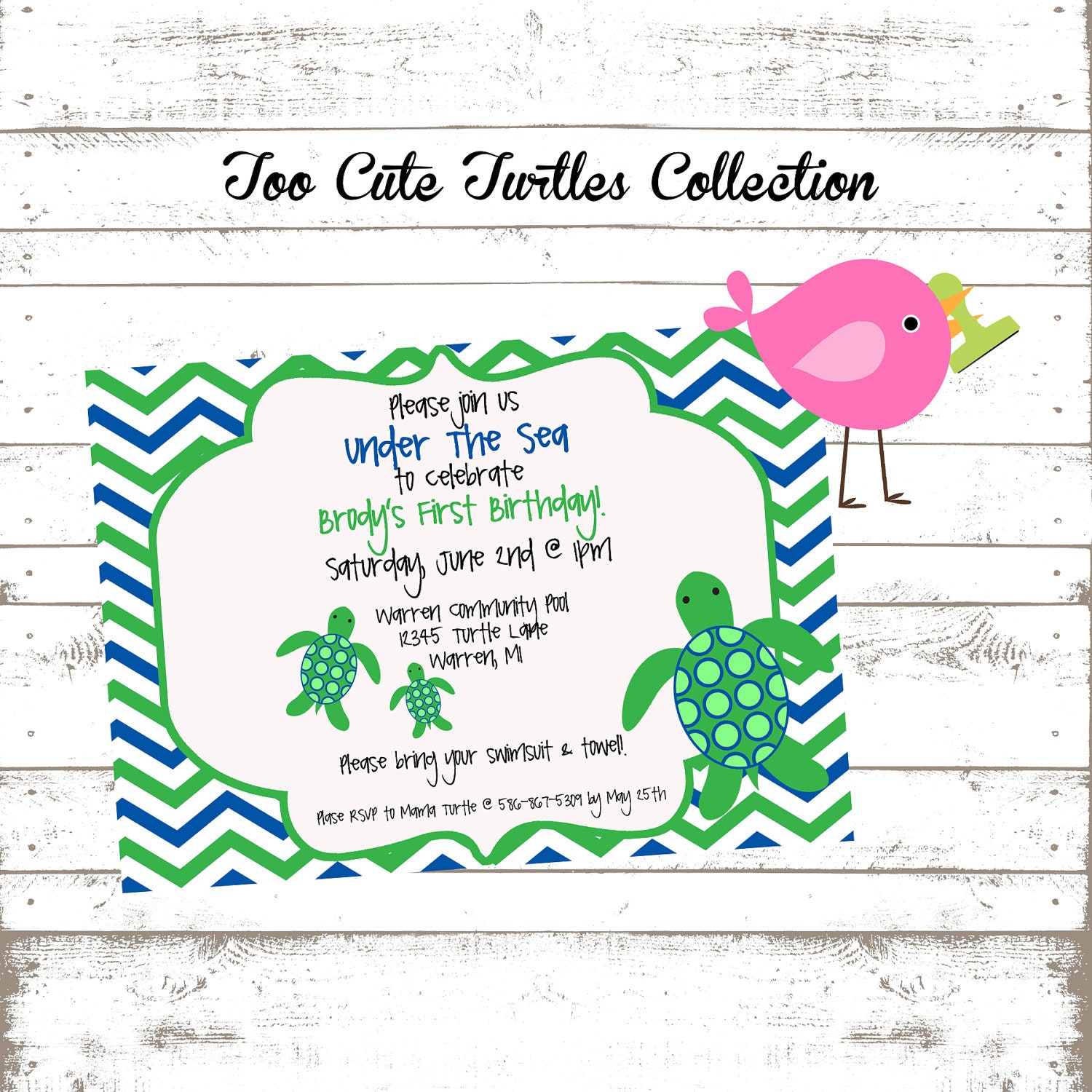 Too Cute Turtle Collection: Set of 12 5x7" Birthday Invites, custom, personalized. Sea Turtle Party. Under the Sea. Turtle Birthday. Il_570xn