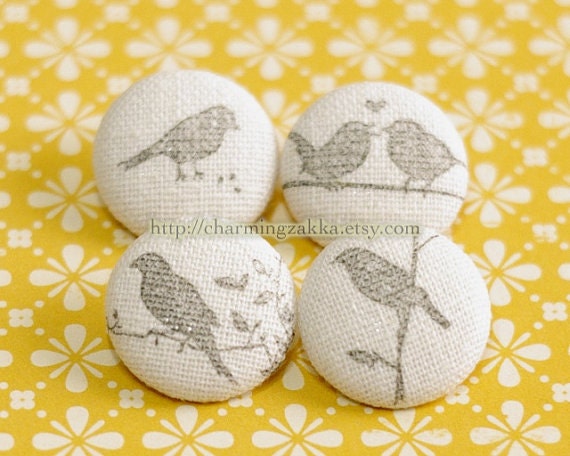 Fabric Covered Buttons - Stamp Printed Birds Collection, Stone Grey (4Pcs, 0.75 Inch)