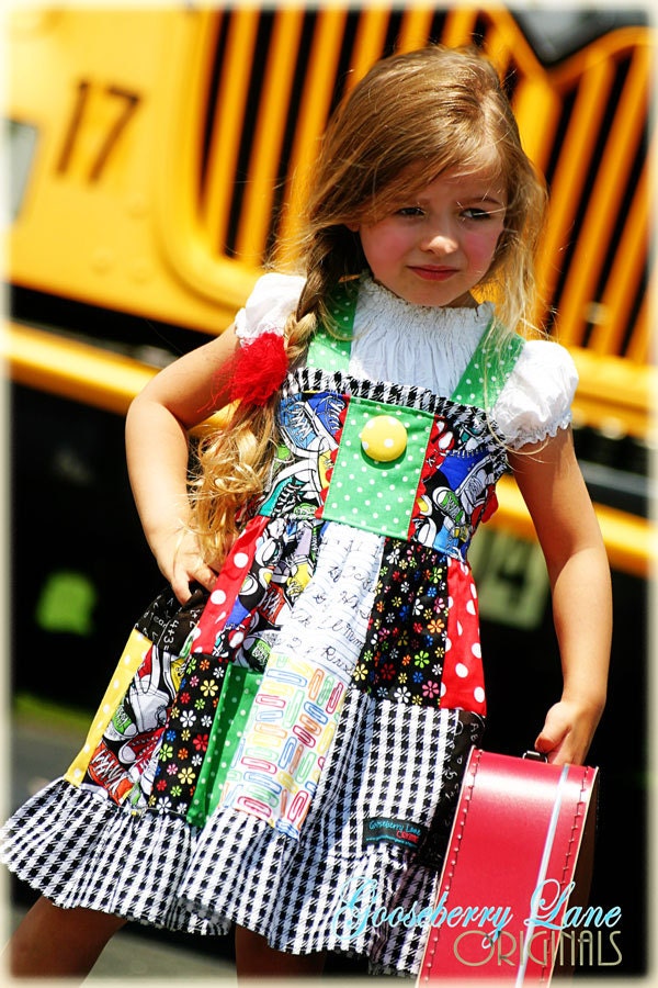 Gooseberry Lane Originals SuziQ Goes to School Patchwork Dress size 2 - 8