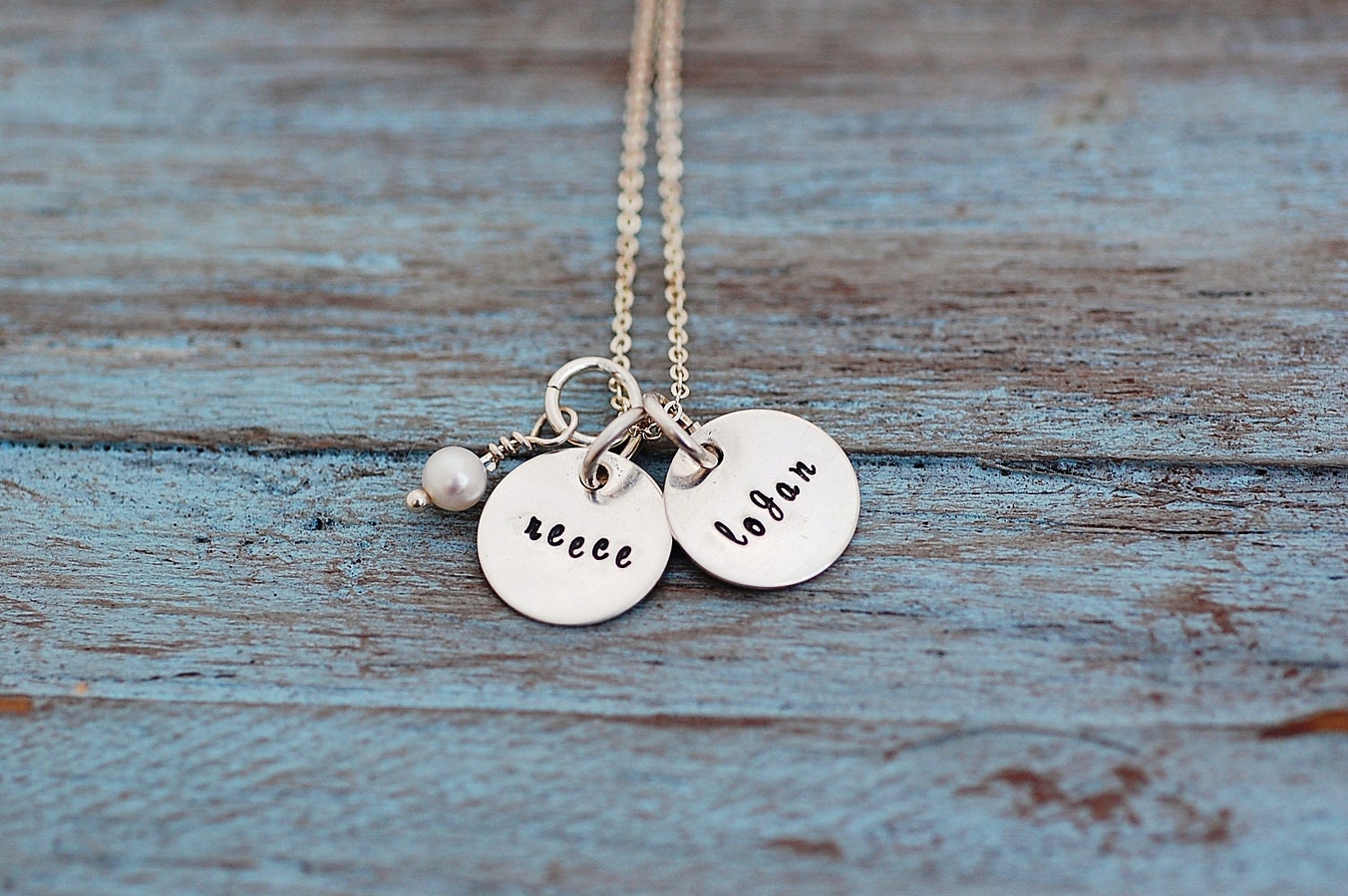 Hand Stamped Names Necklace Sterling Silver Personalized Necklace "Tiny Tokens Necklace"