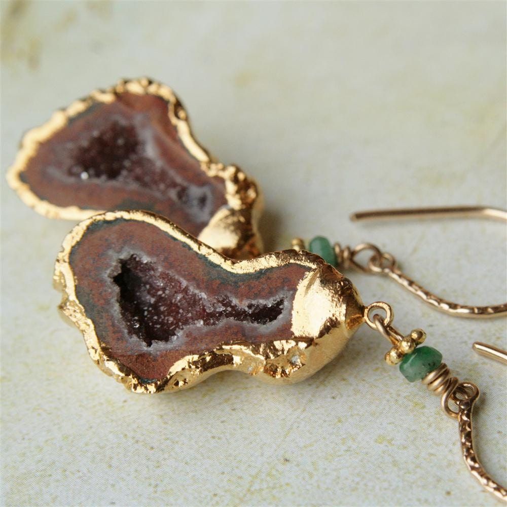 Druzy Geode and Emerald Earrings in 14K Gold Electroform