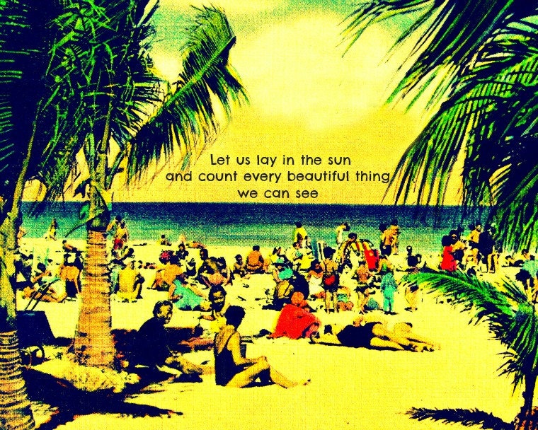 Photography 16x20 Let Us Lay in the Sun Gifts for Her Inspirational Print Typography Beach House color aqua red vintage nostalgia vacation