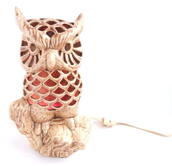 Large Owl Light - Vintage 1970s Tall Ceramic Bird Lamp / Fire Fowl