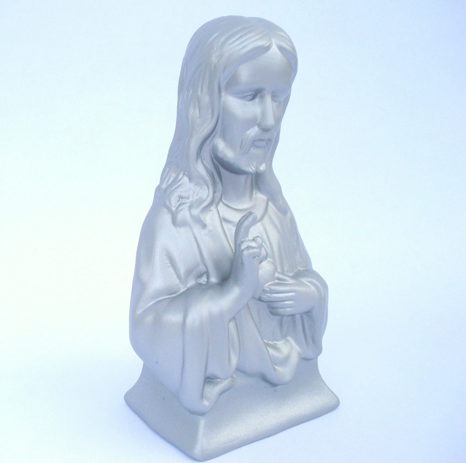 Jesus Christ Mini Bust - ceramic statuette - painted upcycled shabby cottage chic - brushed aluminum finish - pop art religious icon statue